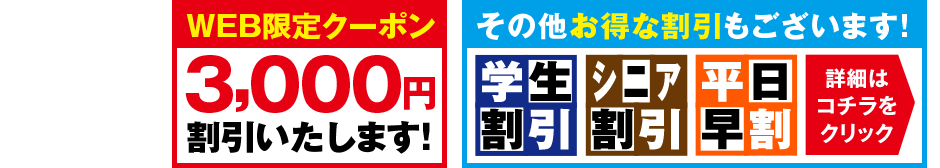 WEB限定クーポン3,000円割引いたします！その他お得な割引もございます！