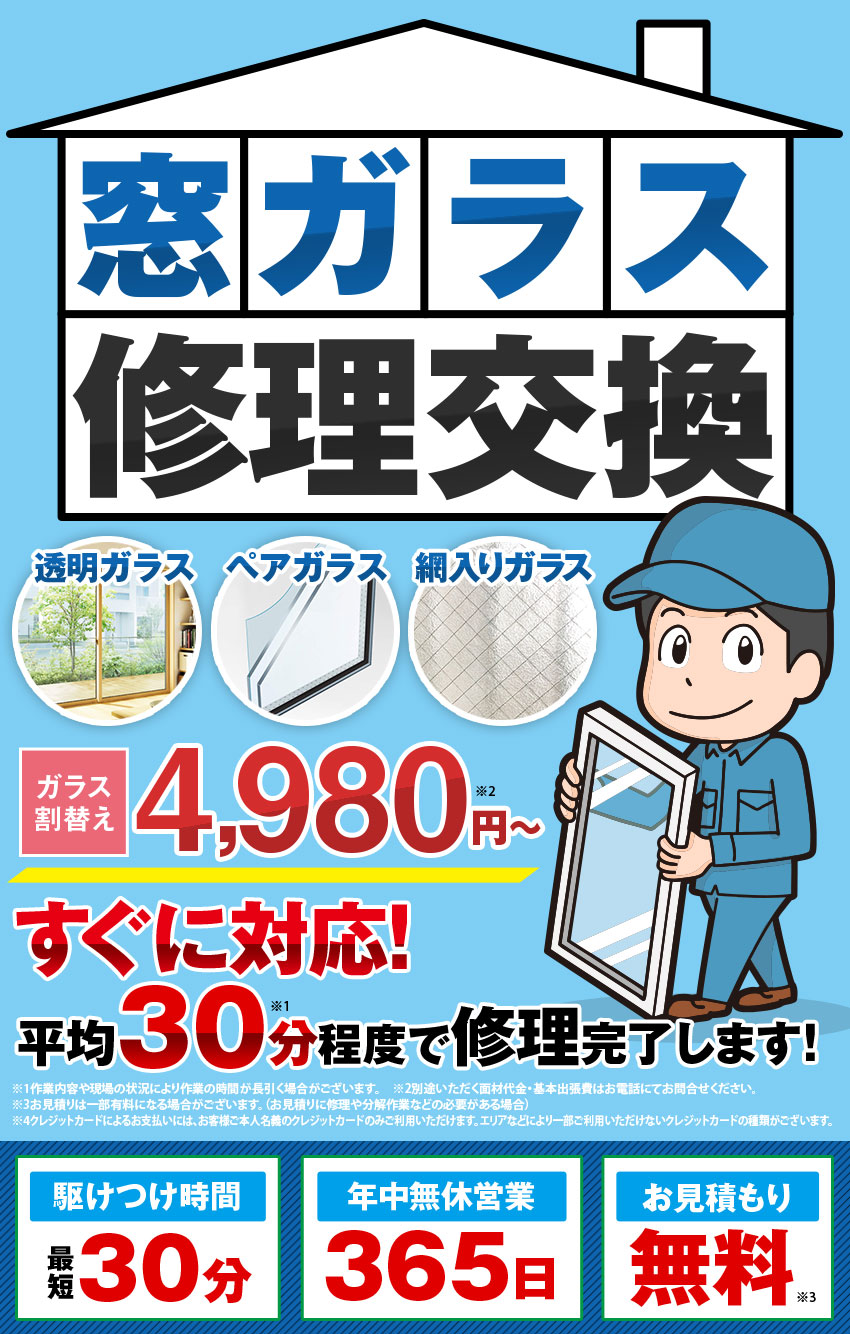 ガラス修理 ガラス交換なら4 980円 到着30分 ガラスの緊急隊