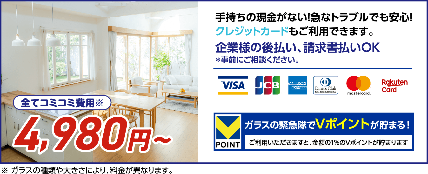 コミコミ費用4,980円から。クレジットカード、企業様の後払い、請求書払いに対応。Vポイントが貯まります。