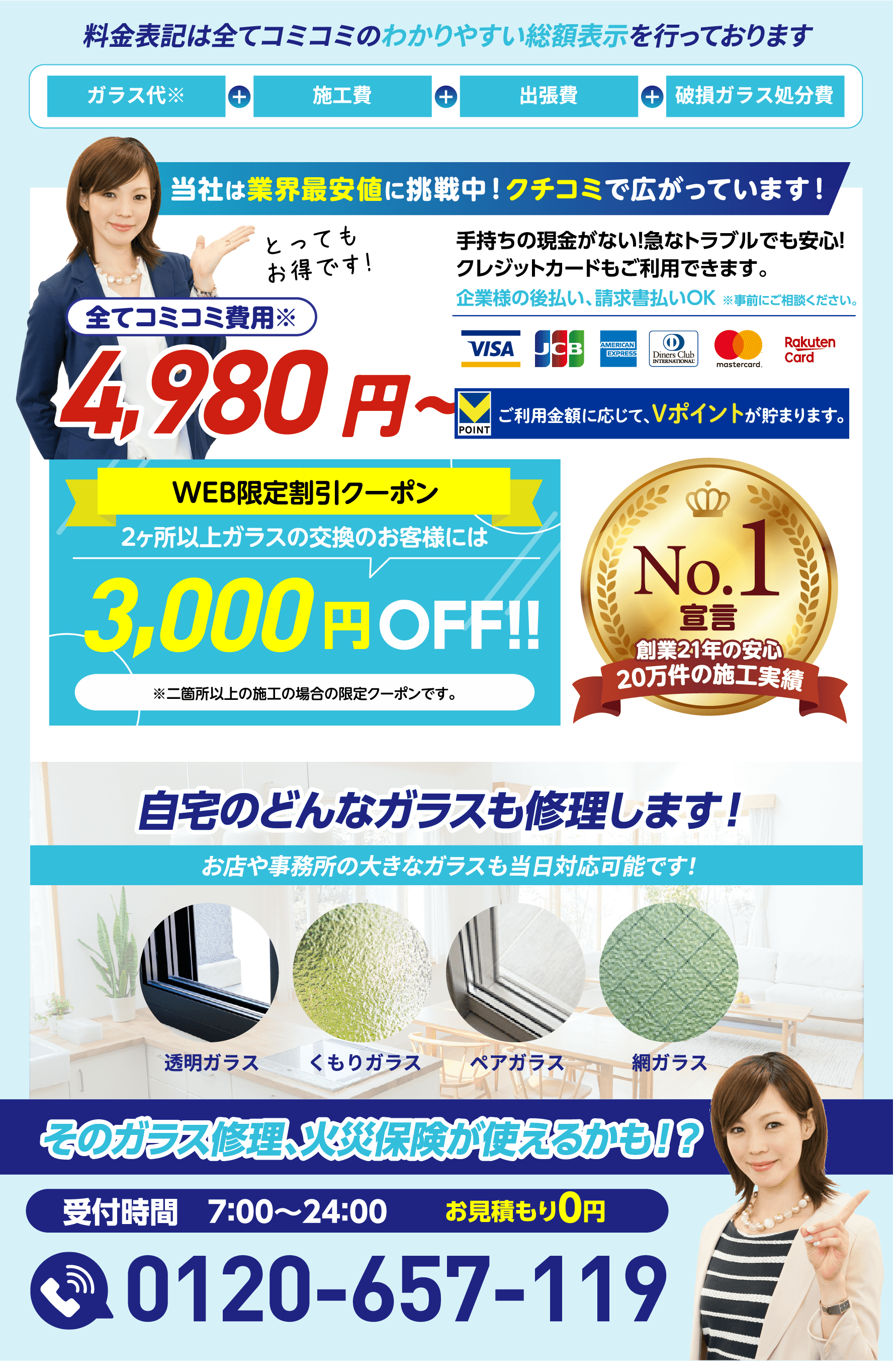 料金表記は全てコミコミのわかりやすい総額表示。ガラス代、施工費、出張費、破損ガラス処分費込みで4,980円から。WEB限定割引クーポン、ガラス修理の火災保険相談、電話番号0120-657-119。