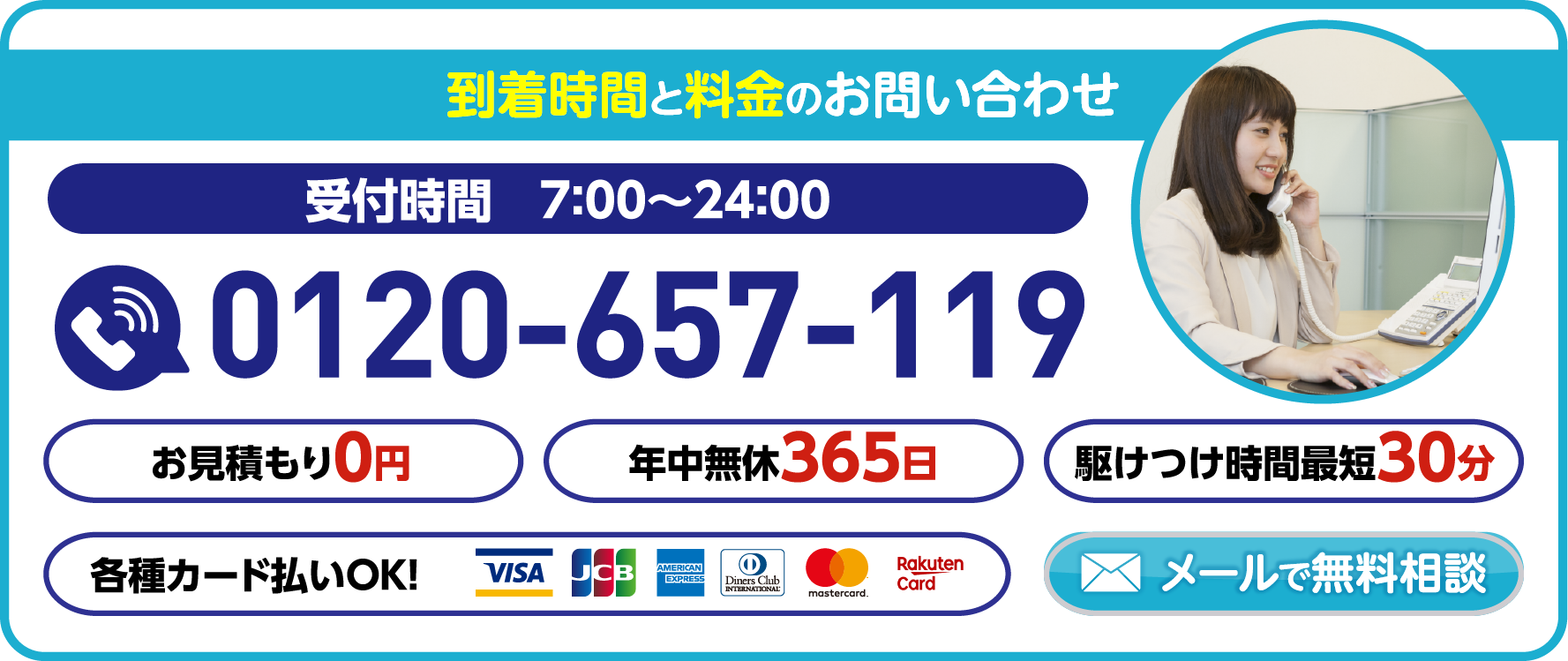 到着時間と料金のお問い合わせ 受付時間7:00〜24:00 0120-657-119 お見積もり0円・年中無休365日・駆けつけ時間最短30分・各種カード払いOK!