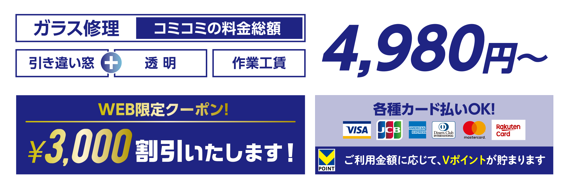 ガラス修理コミコミの料金総額 4,980円〜 WEB限定クーポン¥3,000割引いたします！各種カード払いOK!