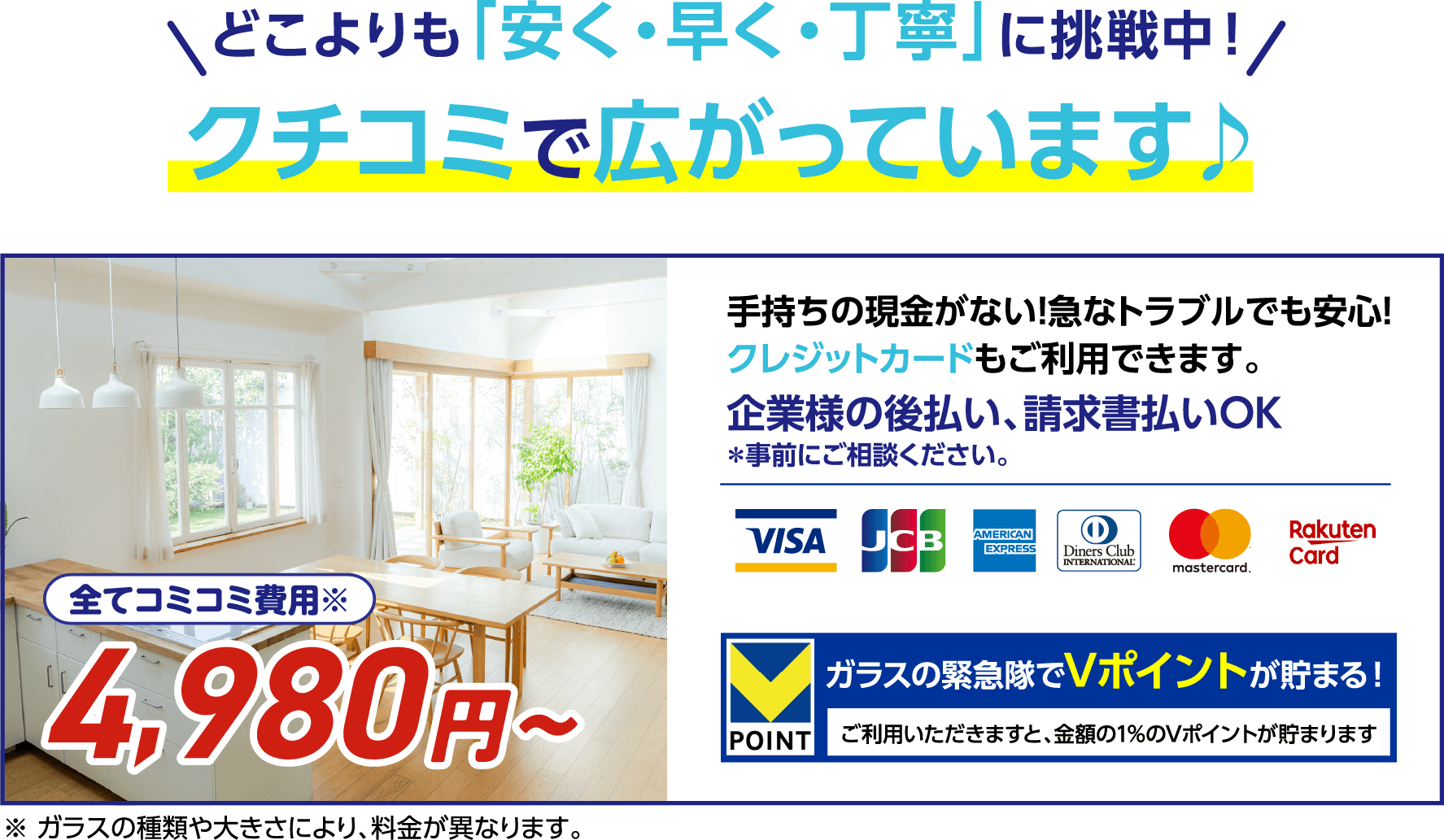 コミコミ費用4,980円から。クレジットカード、企業様の後払い、請求書払いに対応。Vポイントが貯まります。