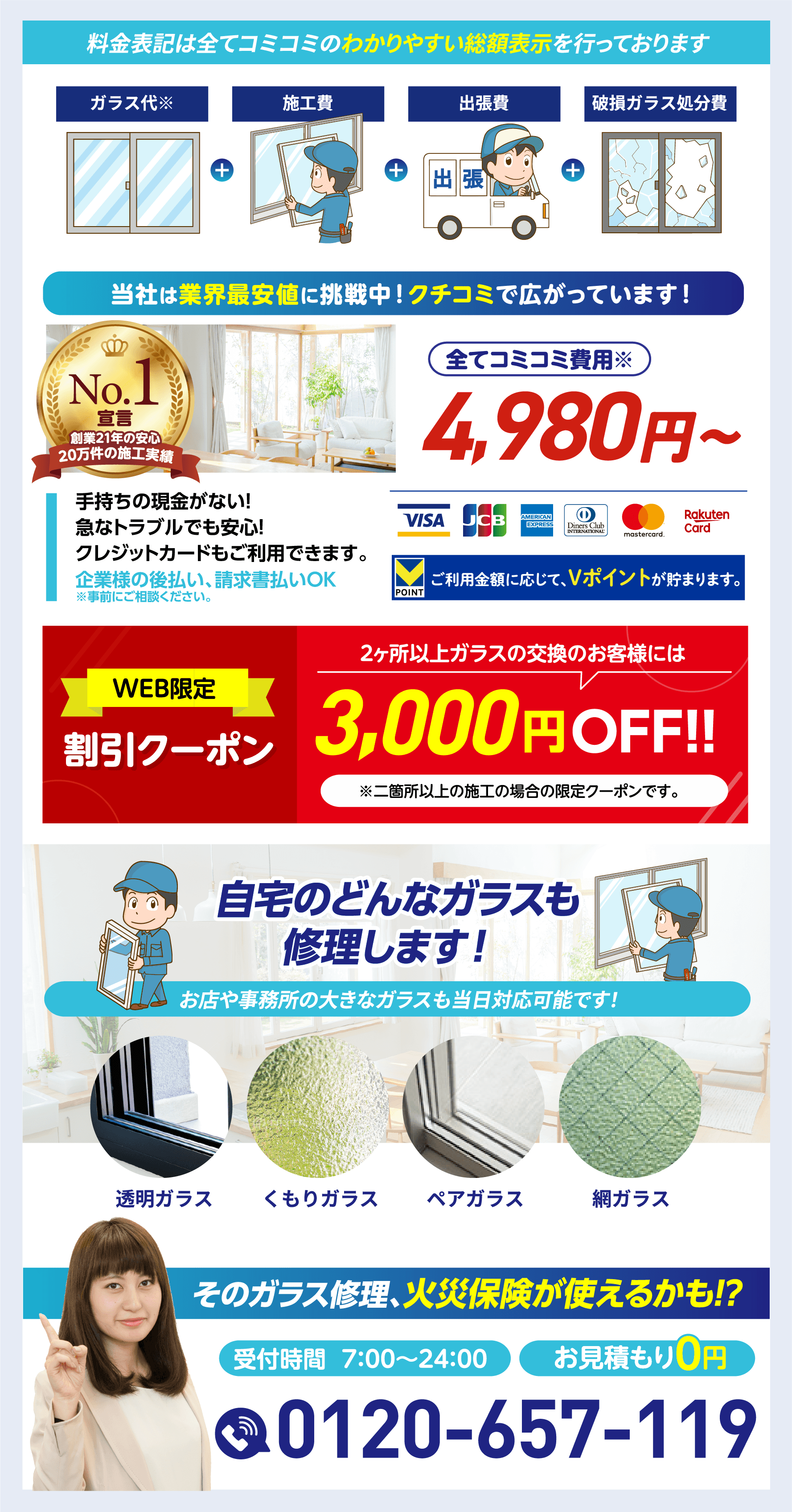 創業21年・20万件の施工実績No.1宣言。料金は全てコミコミ4,980円〜。
