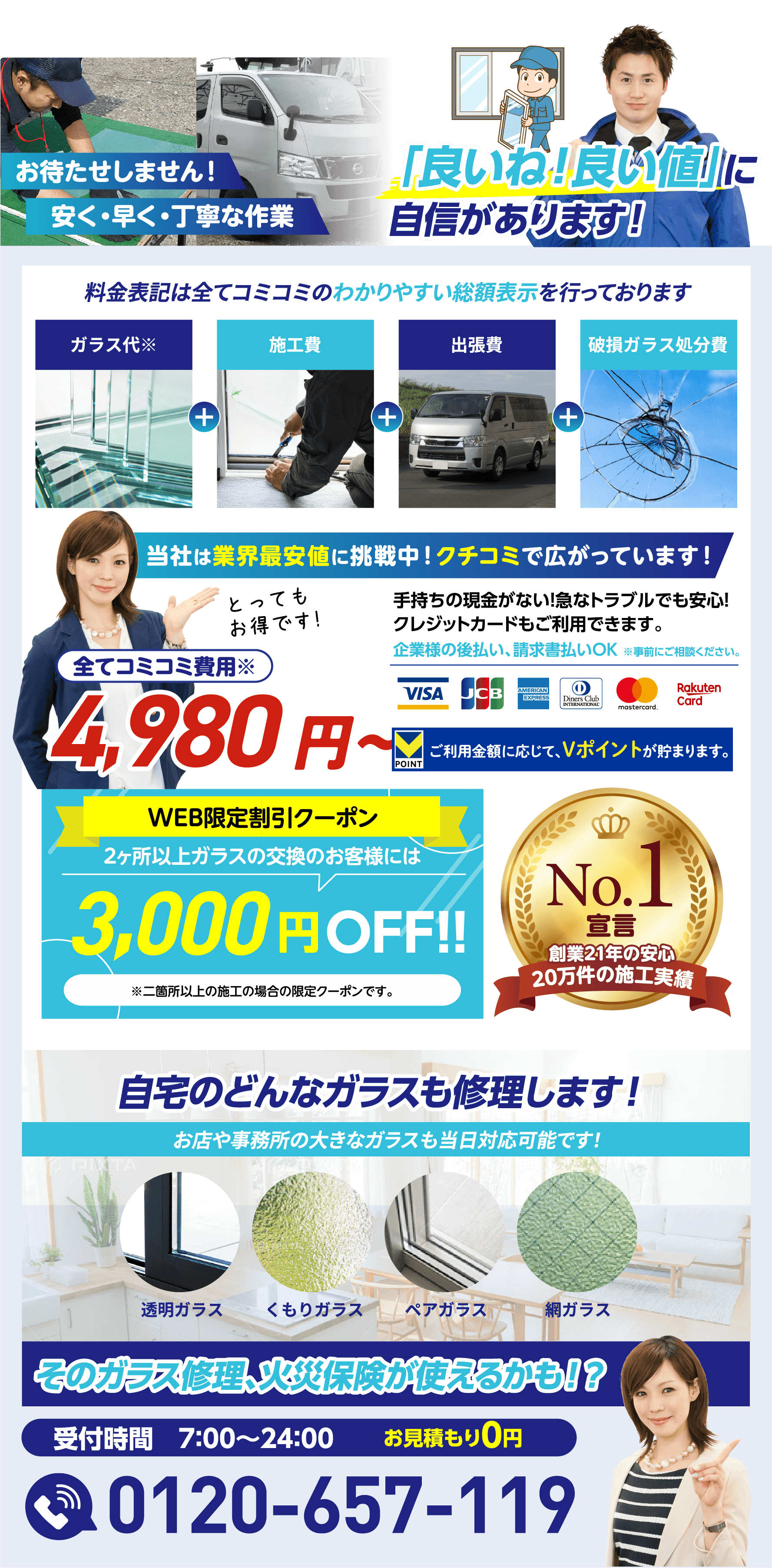 料金表記は全てコミコミのわかりやすい総額表示を行っております（ガラス代＋施工費＋出張費＋破損ガラス処分費）。全てコミコミ費用4,980円〜。WEB限定割引クーポン2ヶ所以上のガラス交換で3,000円OFF！創業21年・20万件の施工実績No.1宣言。自宅のどんなガラスも修理します！そのガラス修理、火災保険が使えるかも！？受付時間7:00〜24:00／お見積もり0円／0120-657-119