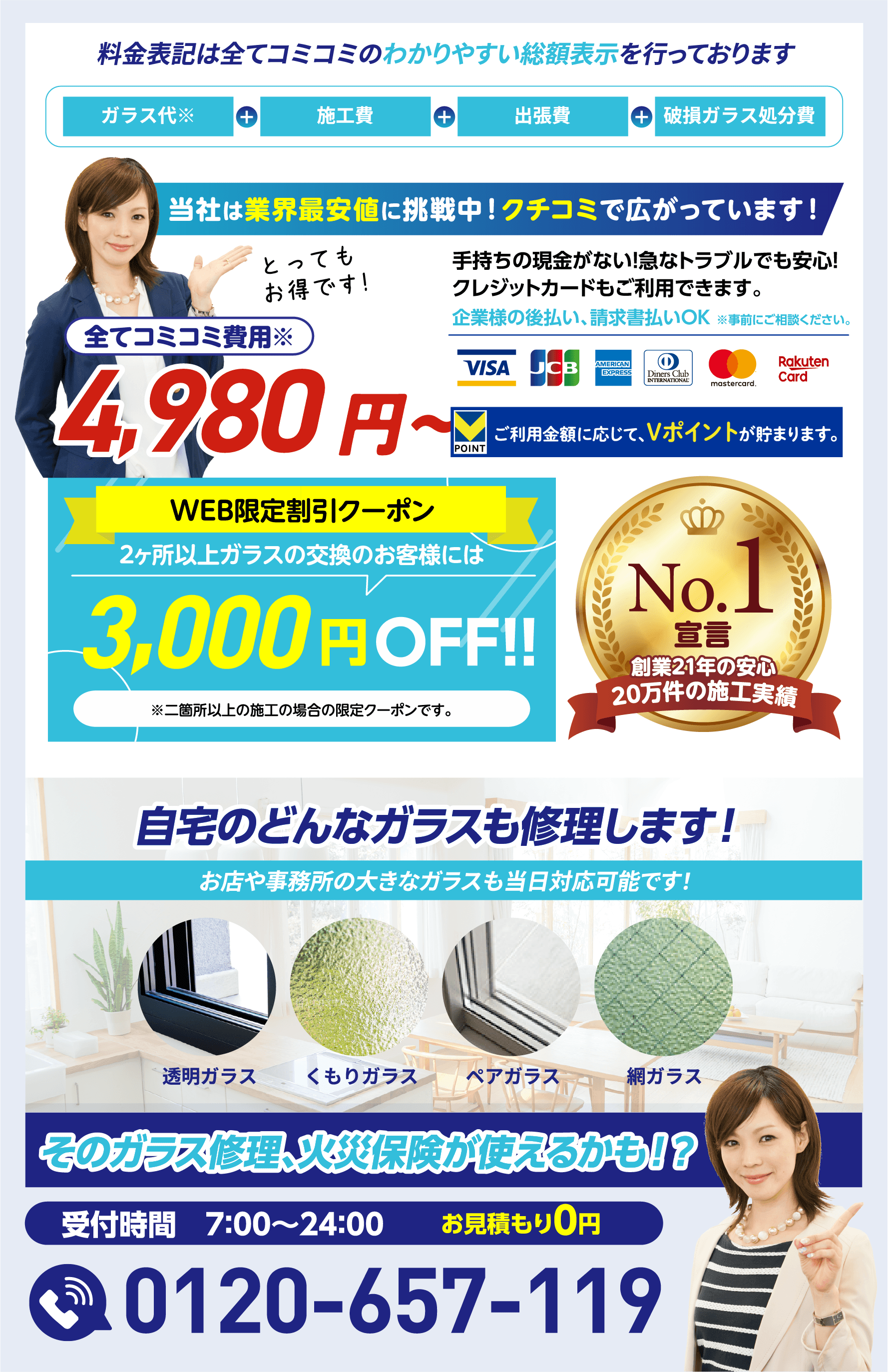 料金表記は全てコミコミのわかりやすい総額表示。全てコミコミ4,980円〜。WEB限定割引クーポン2ヶ所以上のガラス交換で3,000円OFF！自宅のどんなガラスも修理します。そのガラス修理、火災保険が使えるかも！？受付時間7:00〜24:00／お見積もり0円／0120-657-119