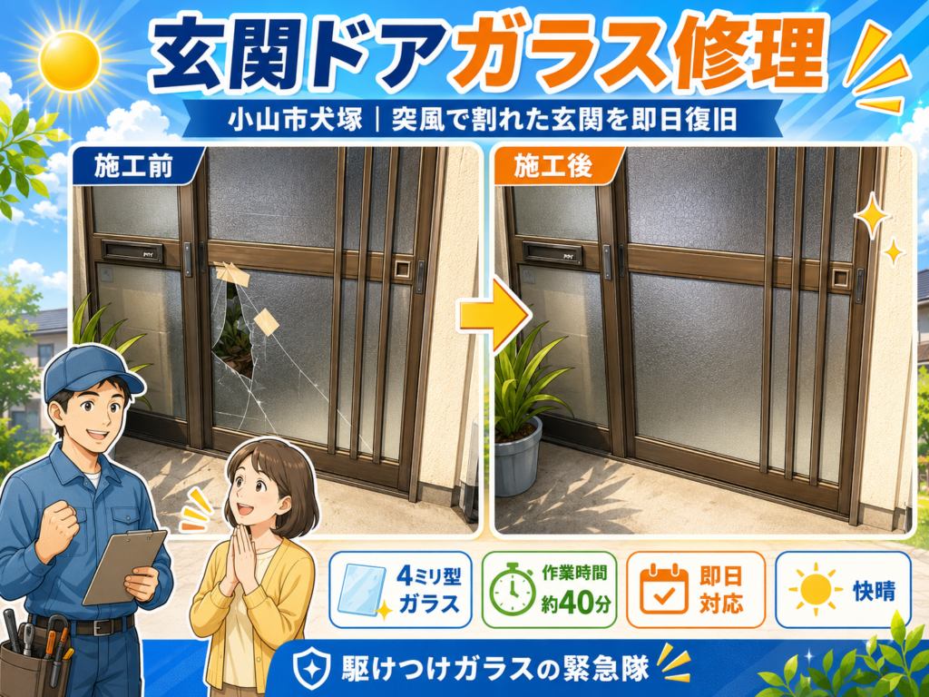 【栃木県小山市】玄関ガラスの修理