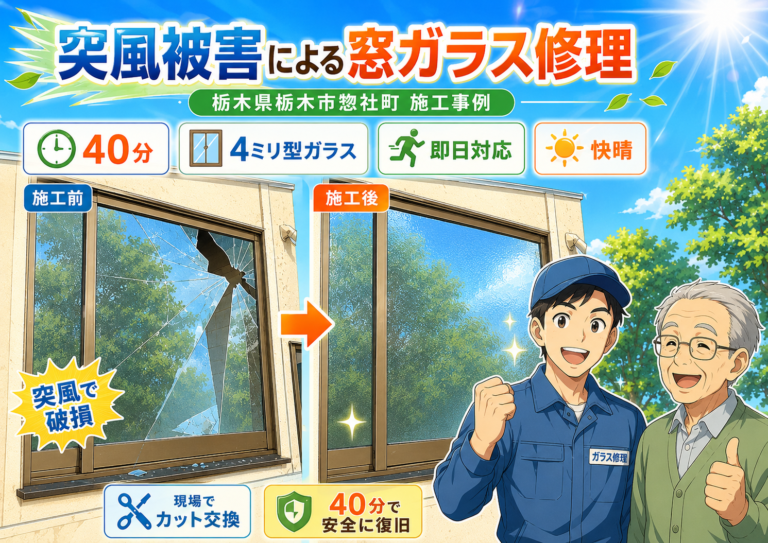 【栃木県栃木市】窓ガラスの修理の施工事例