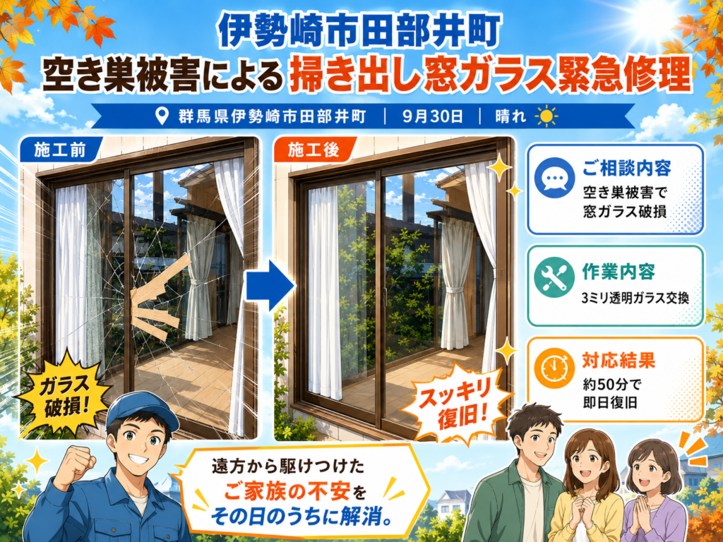 【群馬県伊勢崎市】掃き出し窓ガラスの修理